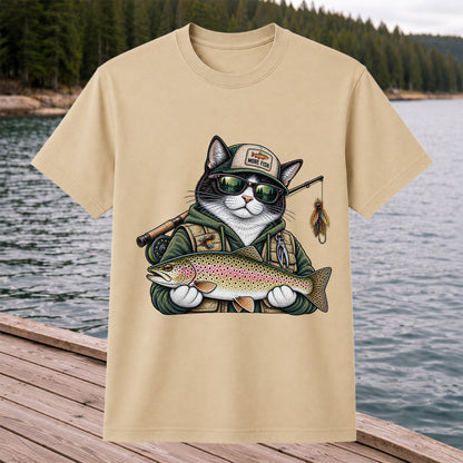 Cat Holding Rainbow Trout Fishing Graphic T-Shirt