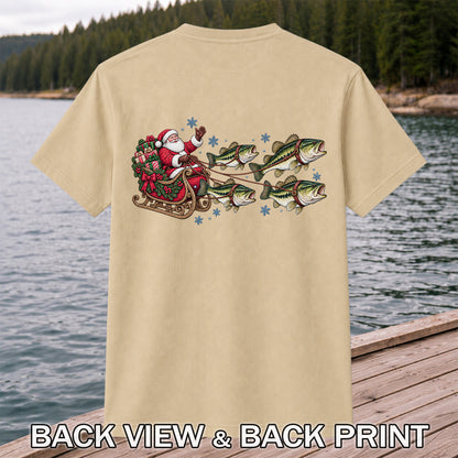 Santa in a Sleigh Pulled by Bass Christmas Fishing Graphic T-Shirt | Back Print