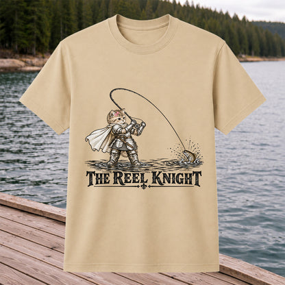 The Reel Knight Cat in Armor Funny Fishing Graphic T-Shirt