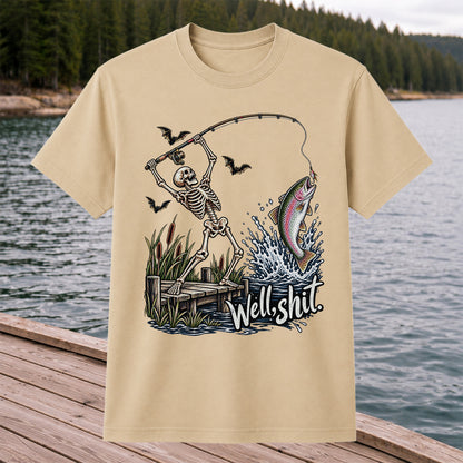 Well Shit Skeleton Catching a Rainbow Trout Funny Fishing T-Shirt
