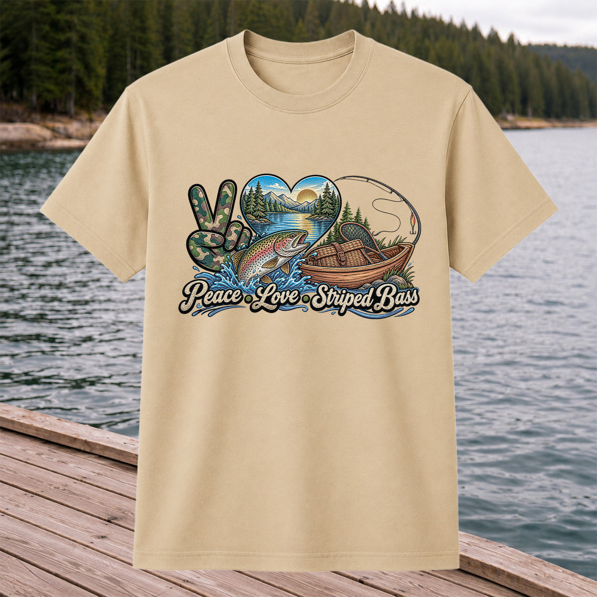 Peace Love Striped Bass Lake and Boat Fishing Graphic T-Shirt