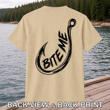 Bite Me Fishing Hook Funny Angler Graphic T-Shirt | Back Print
