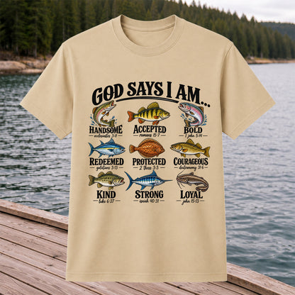 God Says I Am Christian Fish and Bible Verse Fishing Graphic T-Shirt