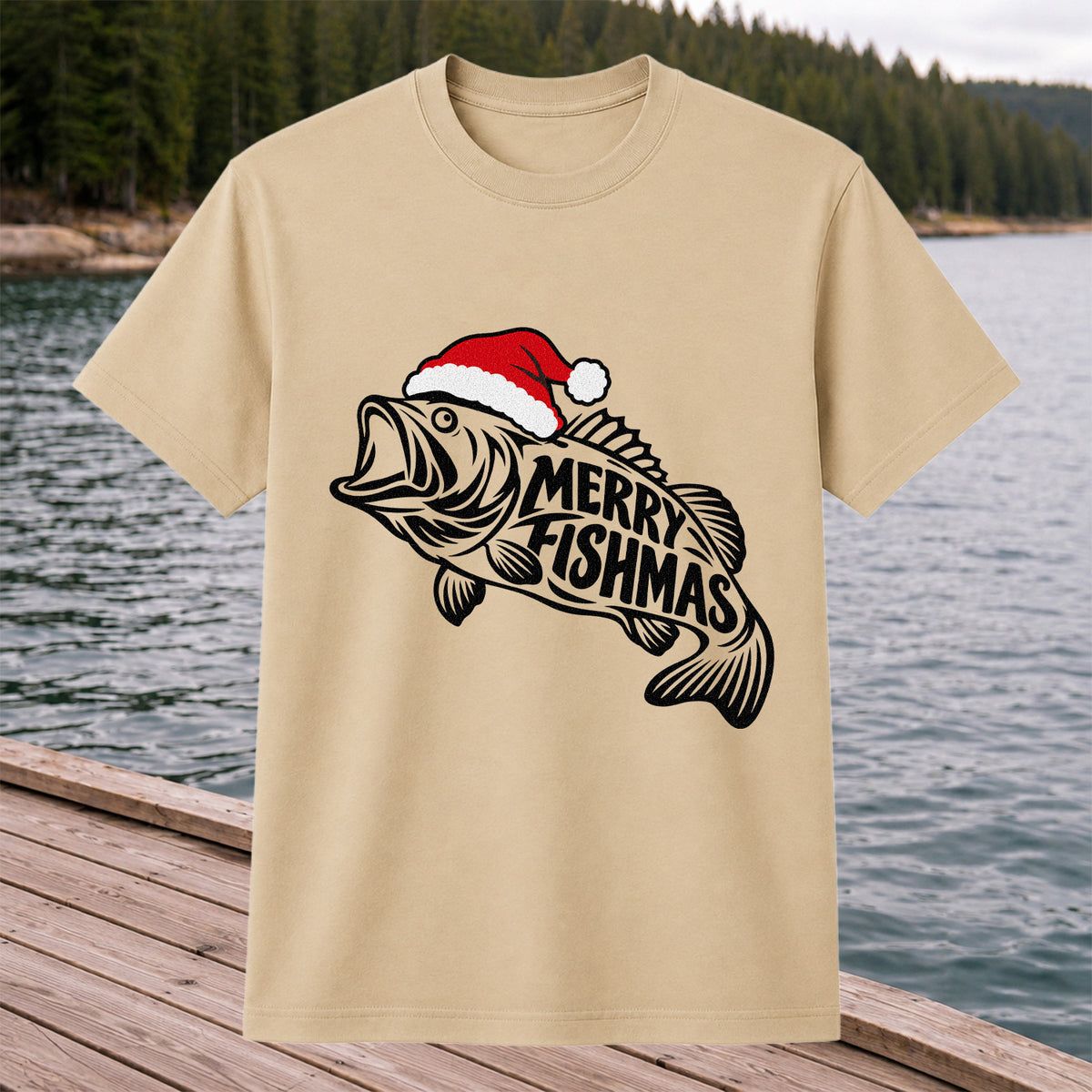 Santa Hat Fish Christmas Fishing Graphic T-Shirt