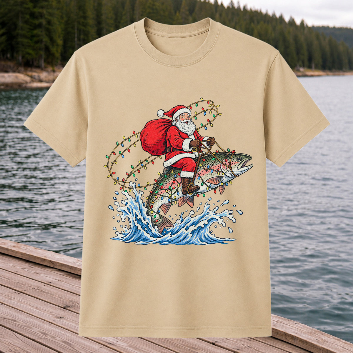 Santa Riding a Christmas-Lighted Rainbow Trout Fishing Graphic T-Shirt