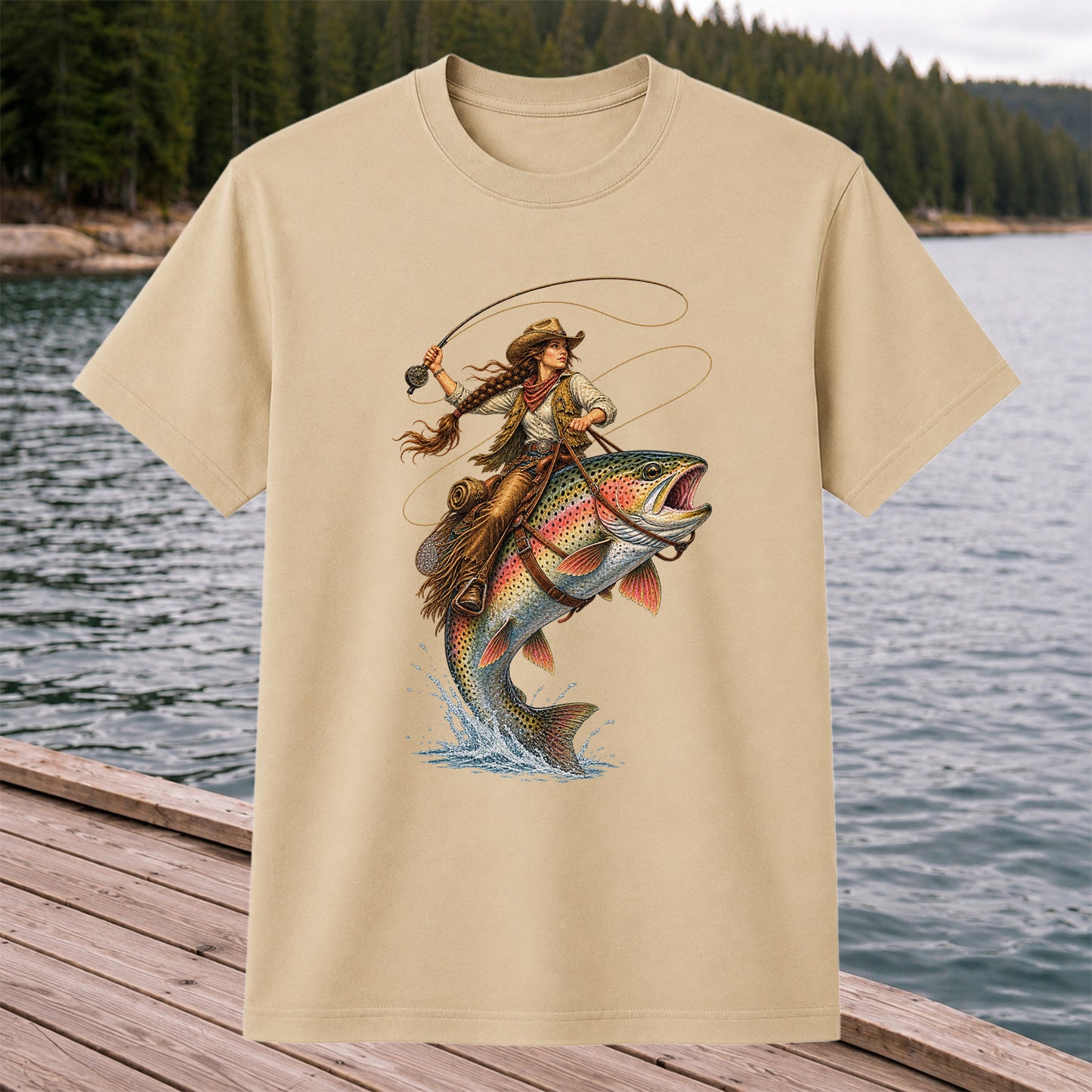 Western Cowgirl Riding a Rainbow Trout Fly Fishing Graphic T-Shirt