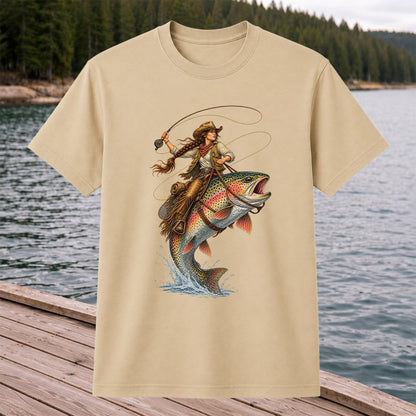 Western Cowgirl Riding a Rainbow Trout Fly Fishing Graphic T-Shirt