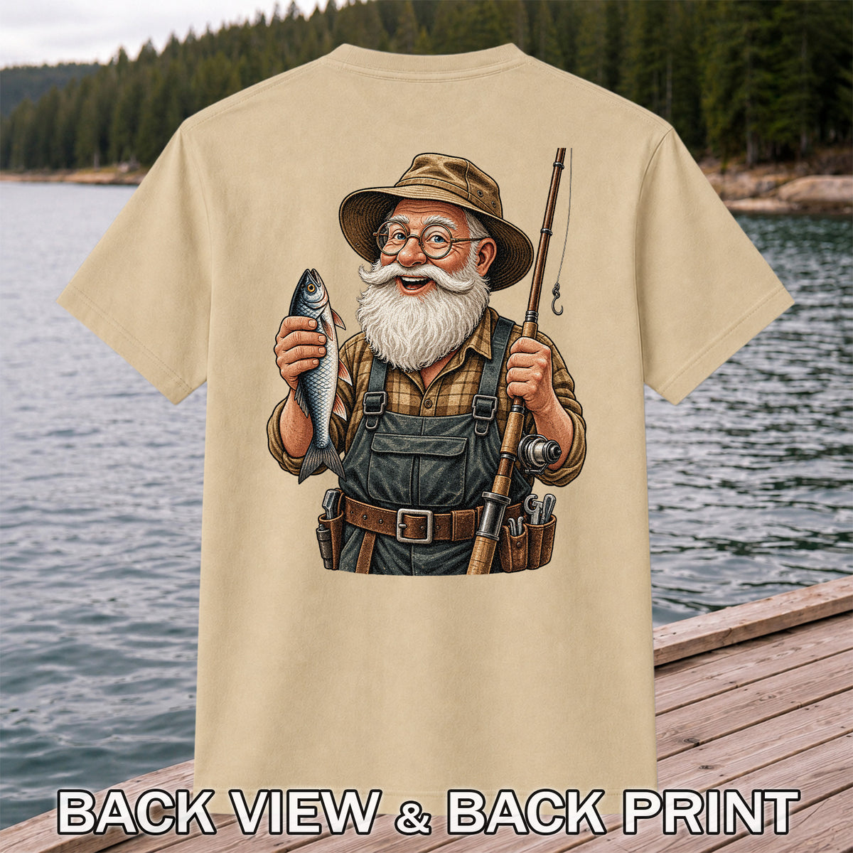 Bearded Angler Holding a Fish and Fishing Rod Graphic T-Shirt | Back Print