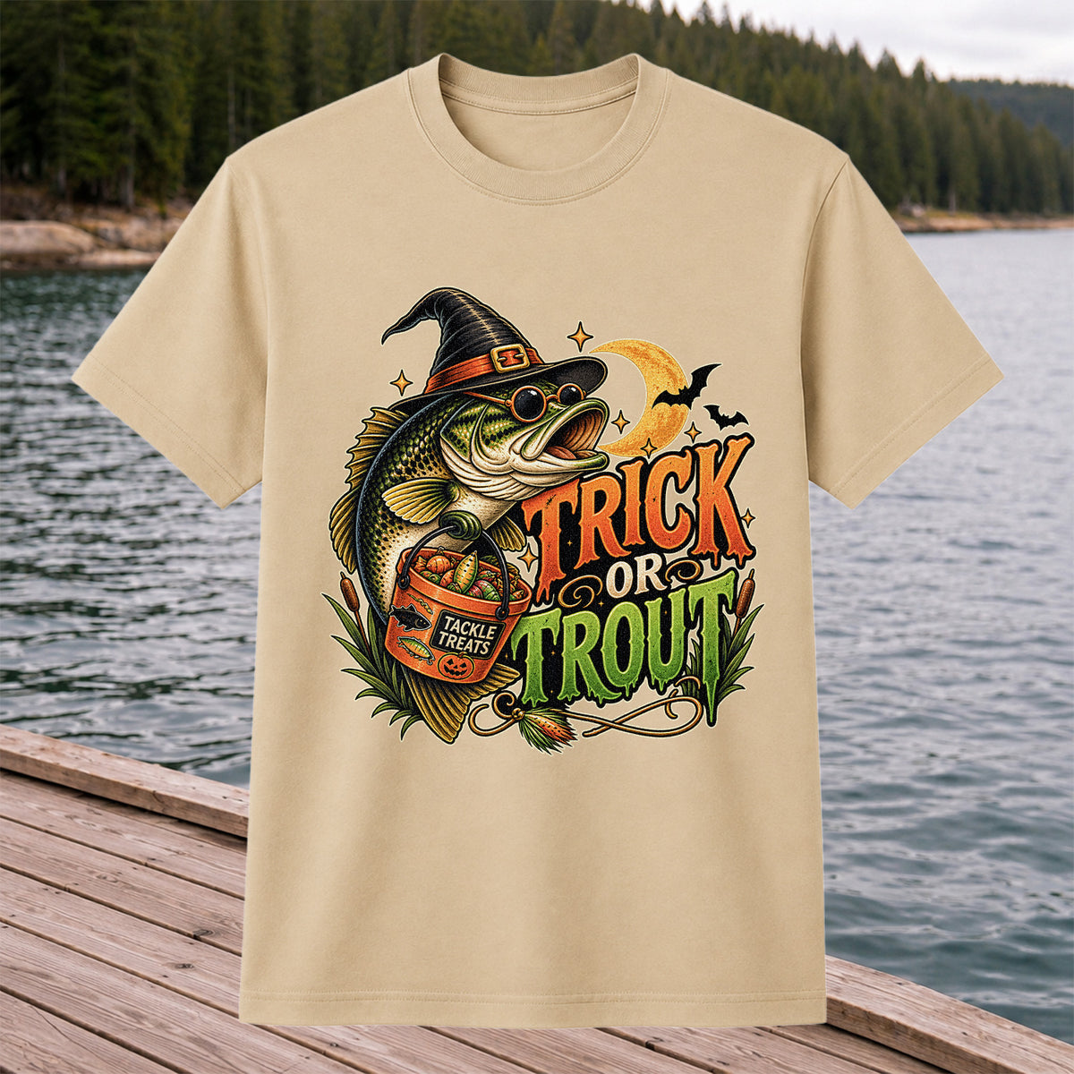 Trick or Trout Bass in Witch Hat with Tackle Treats Halloween Fishing T-Shirt