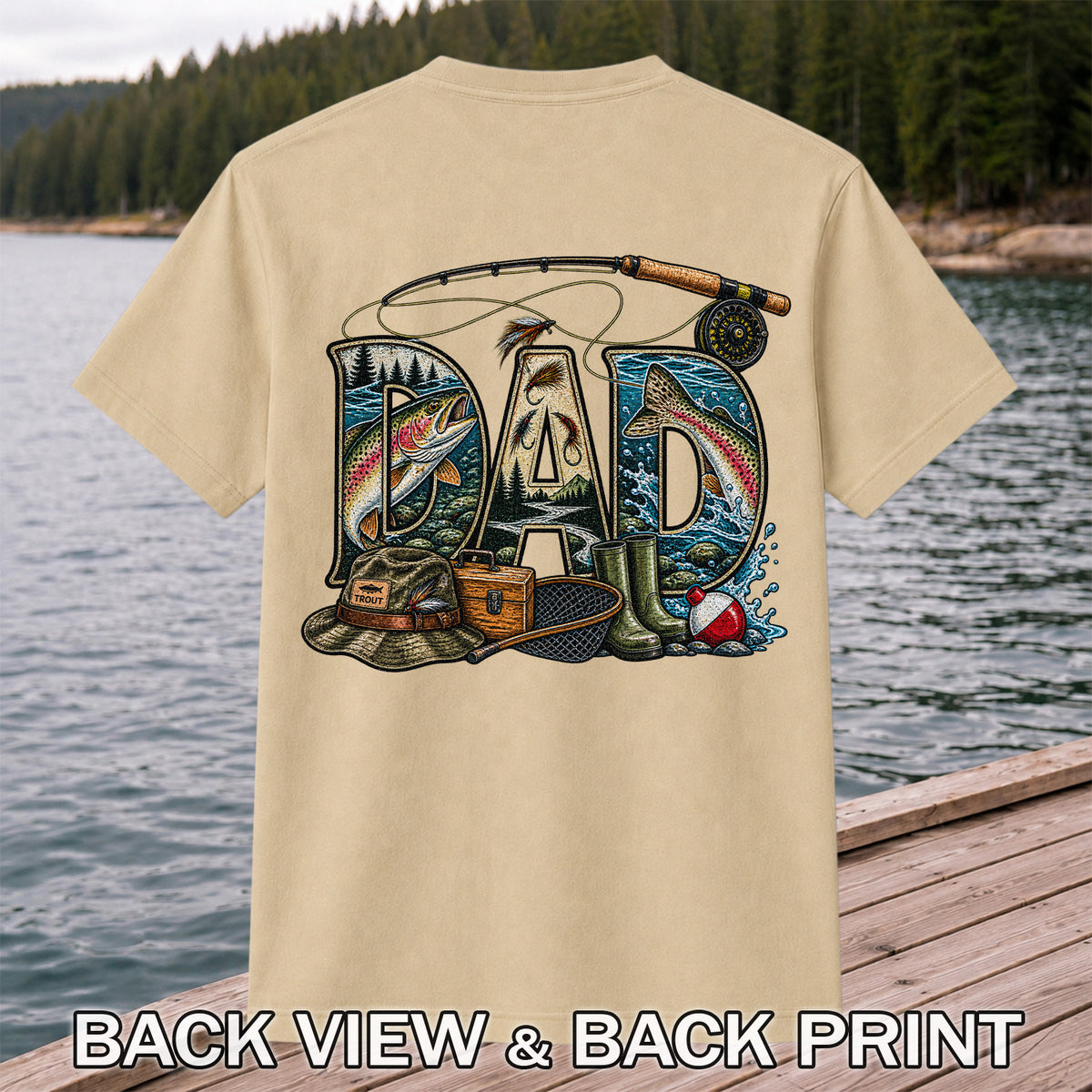 Dad Rainbow Trout Fly Fishing Vintage Graphic T-Shirt | Back Print