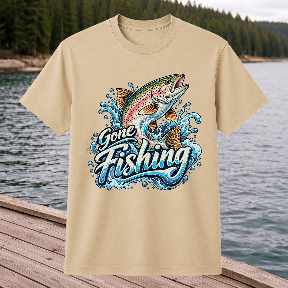 Gone Fishing Jumping Rainbow Trout Splash Graphic T-Shirt