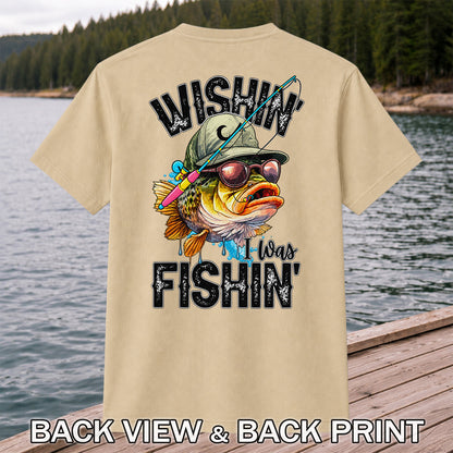 Wishin' I Was Fishin' Bass in a Hat and Sunglasses Funny Fishing T-Shirt | Back Print