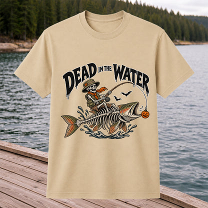 Dead in the Water Skeleton Riding a Trout Halloween Fishing T-Shirt