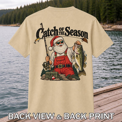 Catch of the Season Santa Bass Fishing Christmas T-Shirt | Back Print
