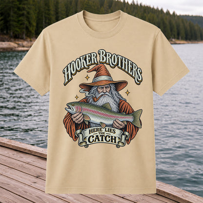 Hooker Brothers Here Lies the Catch Wizard Trout Fishing T-Shirt