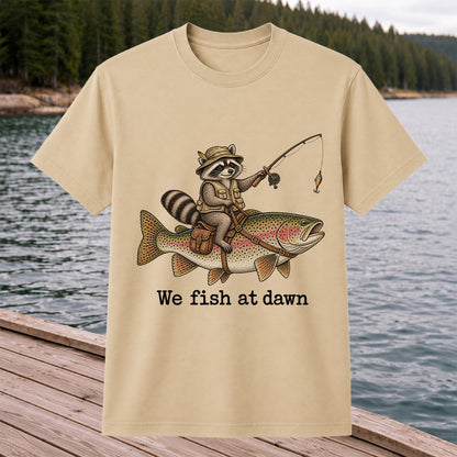 We Fish at Dawn Raccoon Riding a Rainbow Trout Fishing T-Shirt