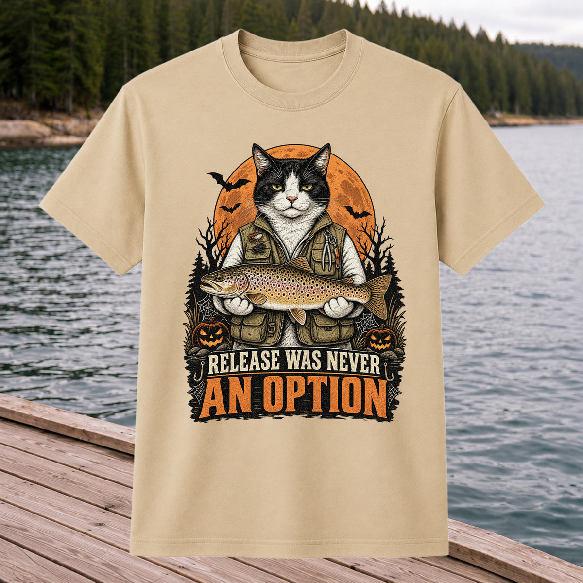 Release Was Never an Option Cat Holding Brown Trout Halloween Fishing T-Shirt