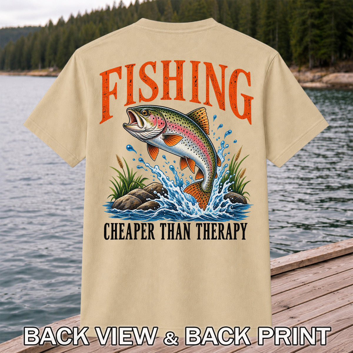 Fishing Cheaper Than Therapy Rainbow Trout Funny T-Shirt | Back Print