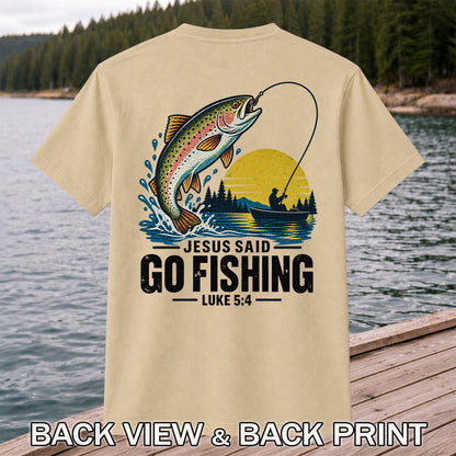 Jesus Said Go Fishing Luke 5:4 Rainbow Trout T-Shirt | Back Print