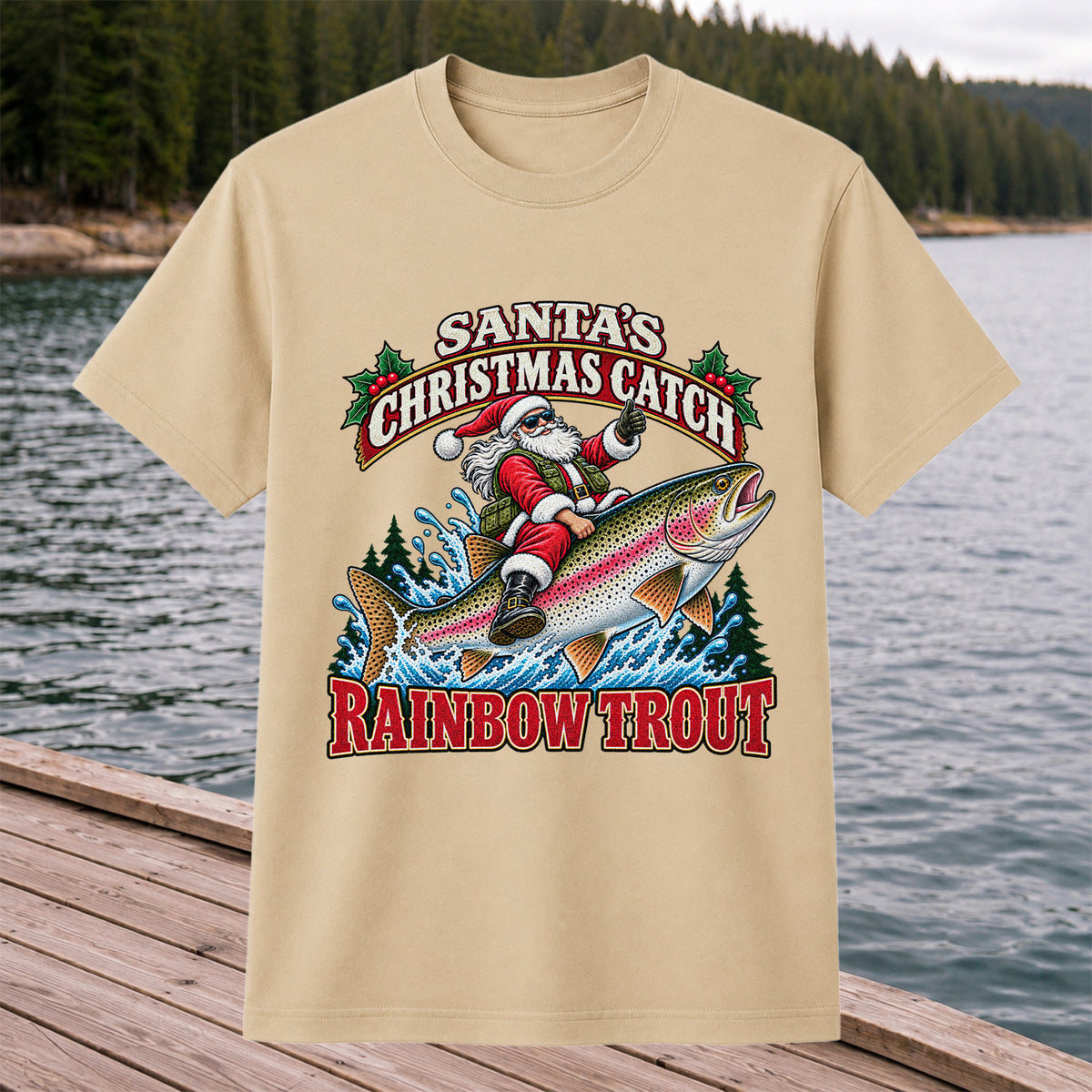 Santa's Christmas Catch Rainbow Trout Fishing T-Shirt