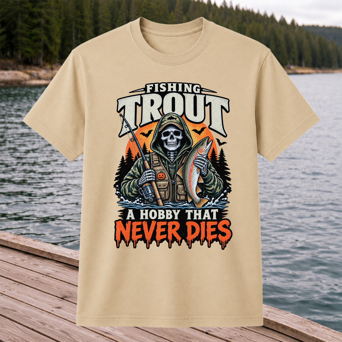 Fishing Trout A Hobby That Never Dies Skeleton Halloween T-Shirt