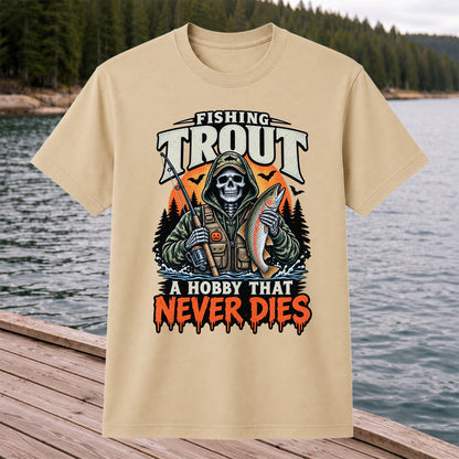 Fishing Trout A Hobby That Never Dies Skeleton Halloween T-Shirt