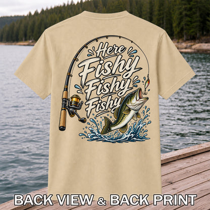 Here Fishy Fishy Fishy Funny Bass Fishing Graphic T-Shirt | Back Print