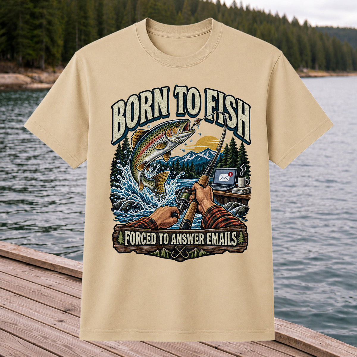 Born to Fish Forced to Answer Emails Rainbow Trout Fishing T-Shirt
