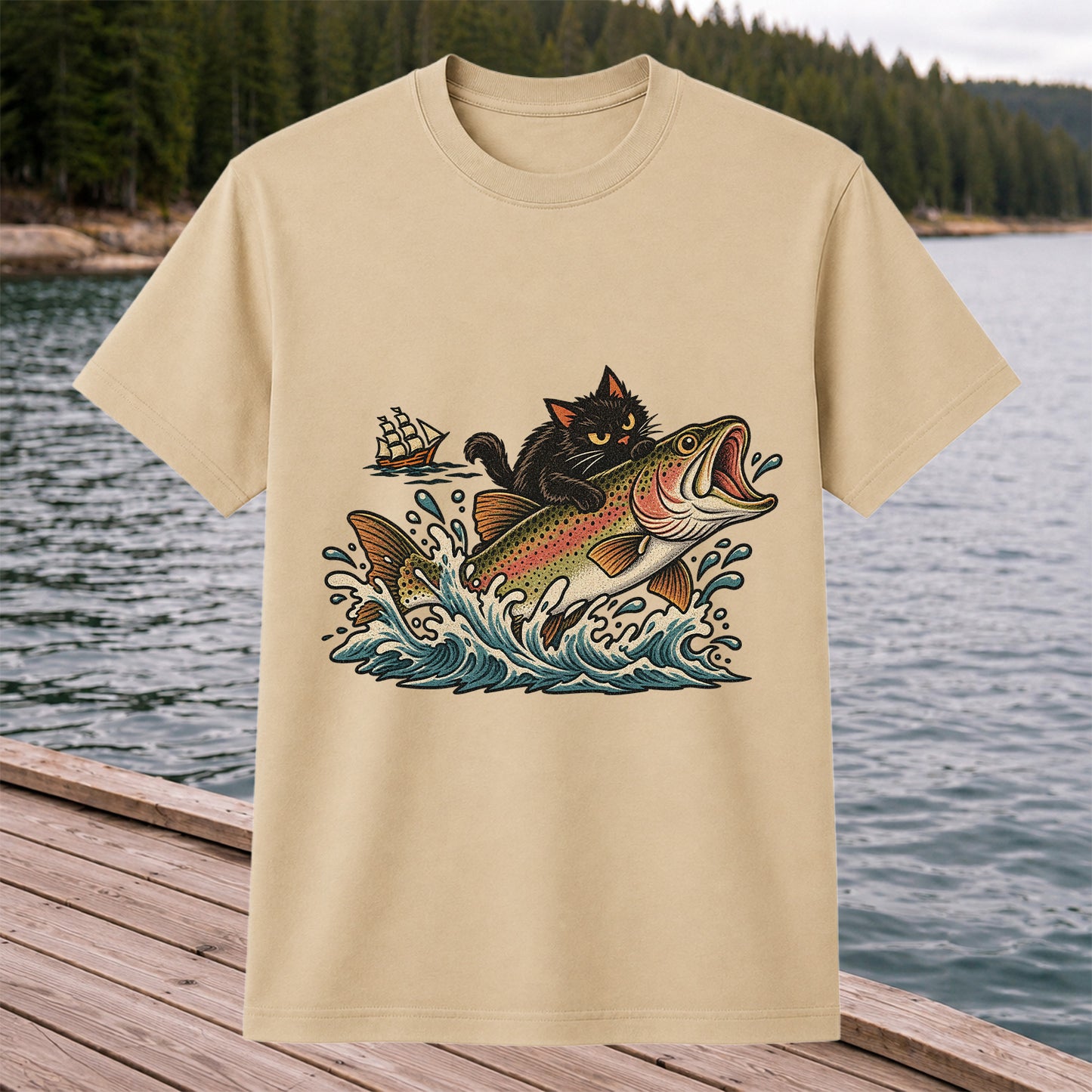 Black Cat Riding a Trout Ocean Wave Fishing Graphic T-Shirt