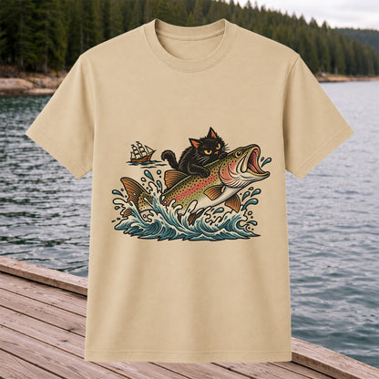 Black Cat Riding a Trout Ocean Wave Fishing Graphic T-Shirt