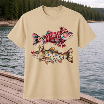 Festive Christmas Fish with Lights Fishing Graphic T-Shirt