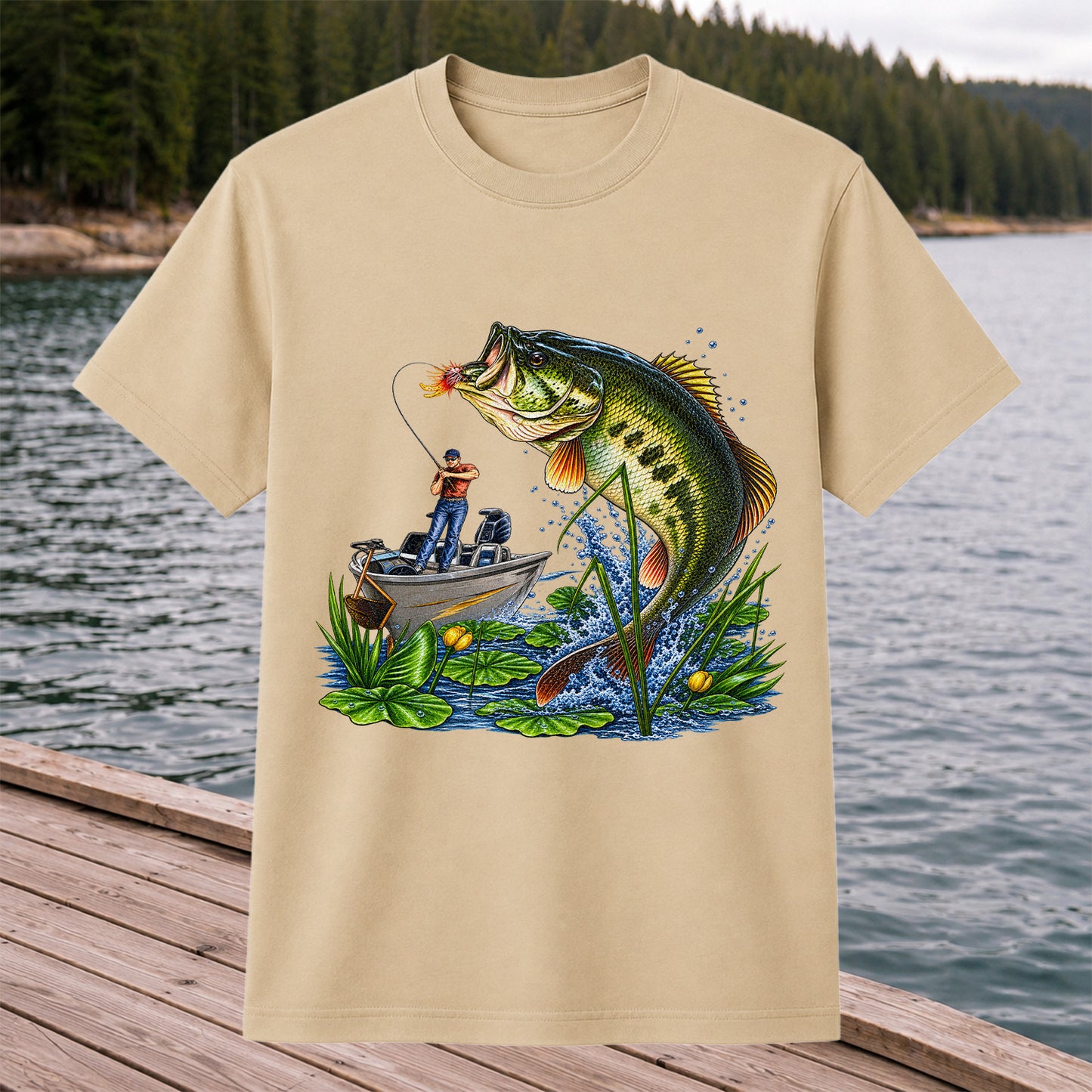 Largemouth Bass Leaping Beside Fishing Boat Graphic T-Shirt