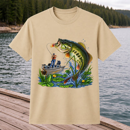 Largemouth Bass Leaping Beside Fishing Boat Graphic T-Shirt