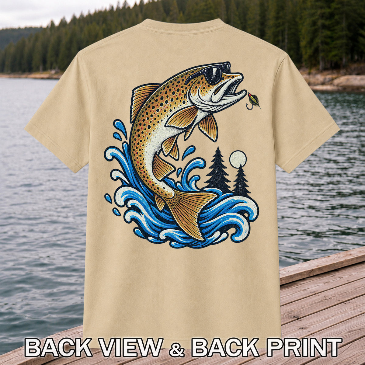 Brown Trout Sunglasses Fishing Graphic T-Shirt with Lure | Back Print