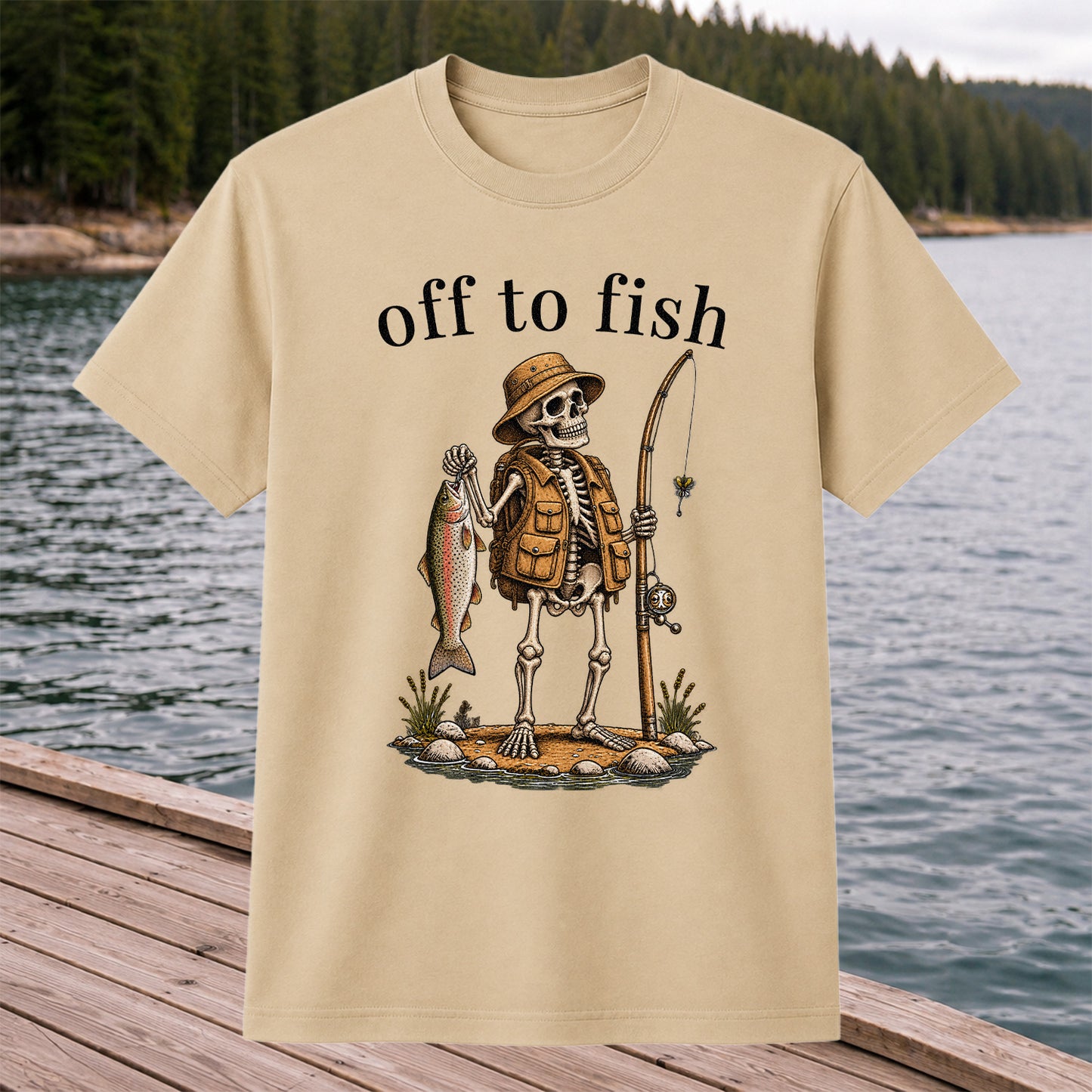 Off to Fish Skeleton Angler Funny Fishing T-Shirt
