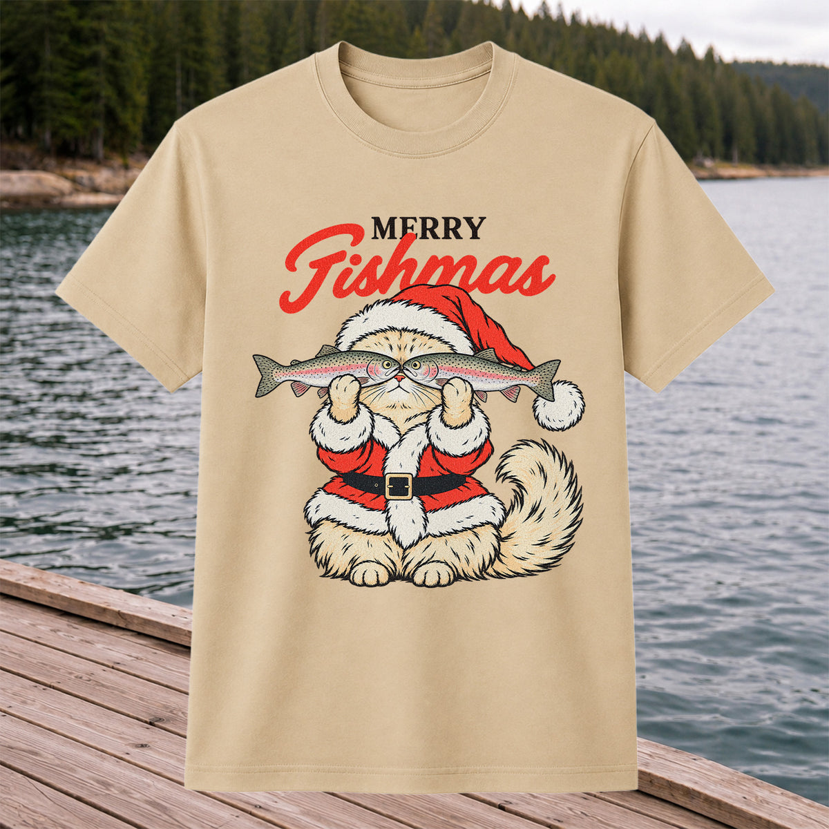 Santa Cat Holding Trout Merry Christmas Fishing T-Shirt