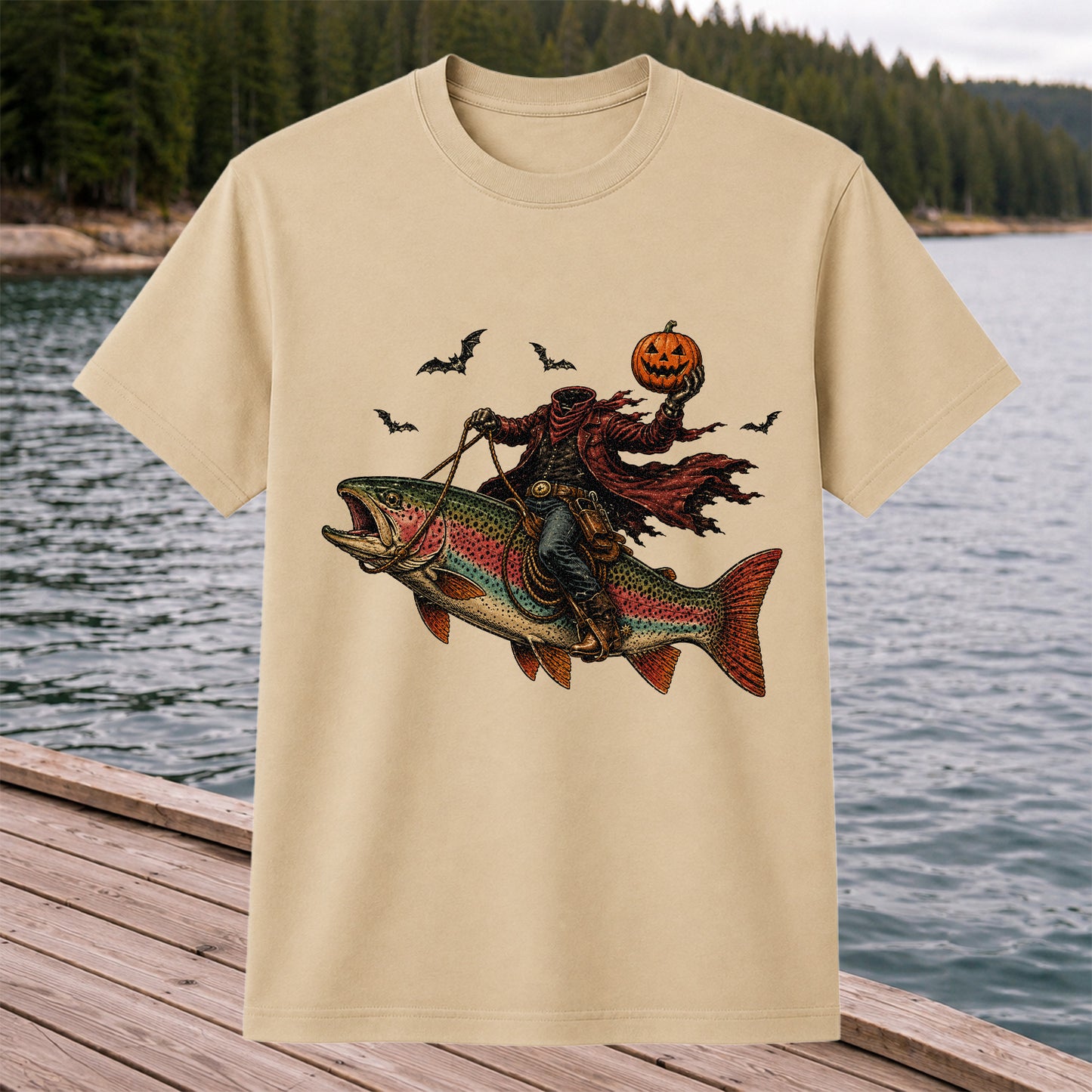Halloween Cowboy Trout Fishing T-Shirt Pumpkin Fishing Tee
