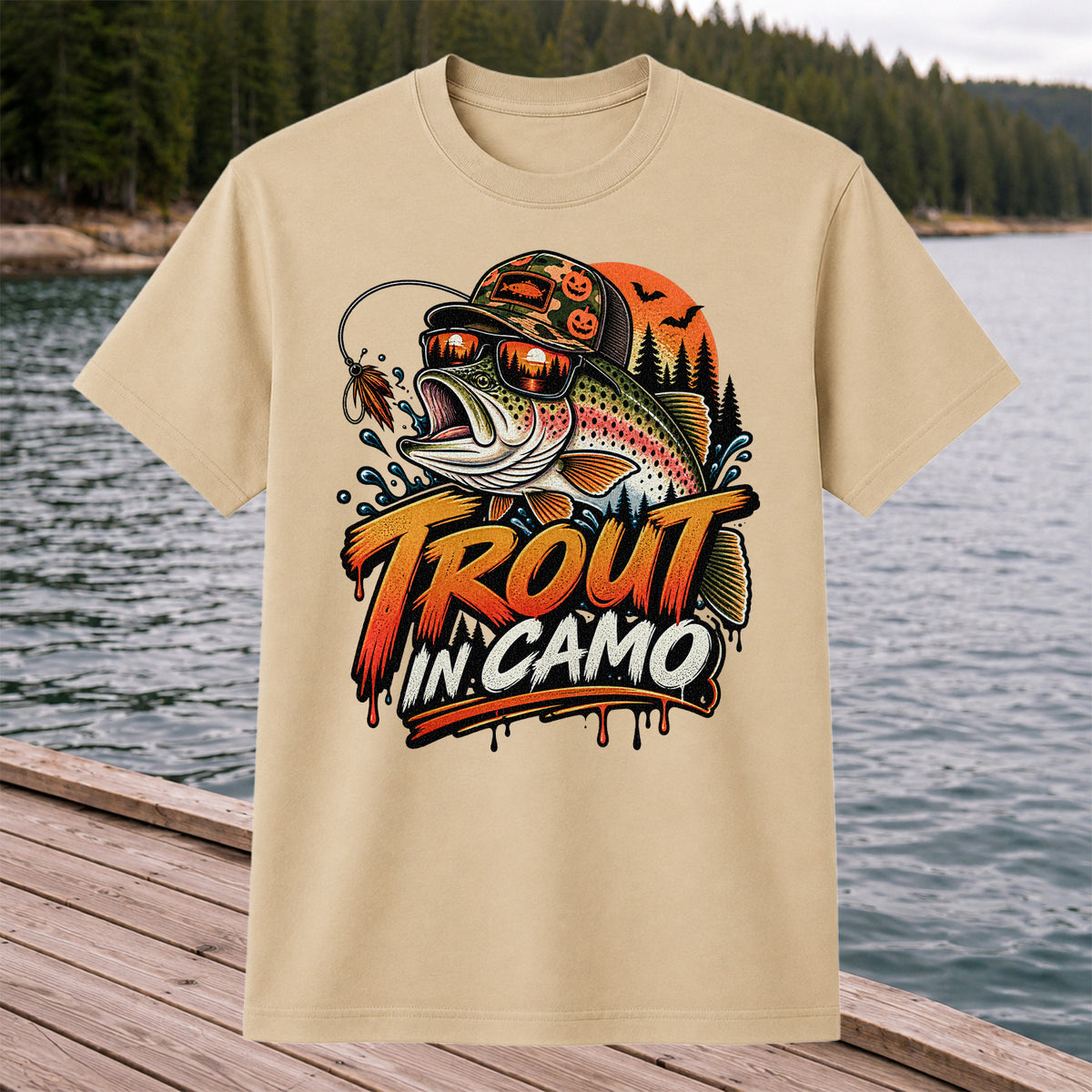 Trout in Camo Halloween Rainbow Trout Fishing Graphic T-Shirt