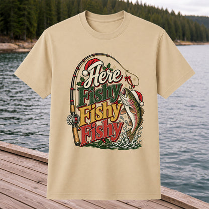 Here Fishy Fishy Fishy Christmas Rainbow Trout Fishing T-Shirt