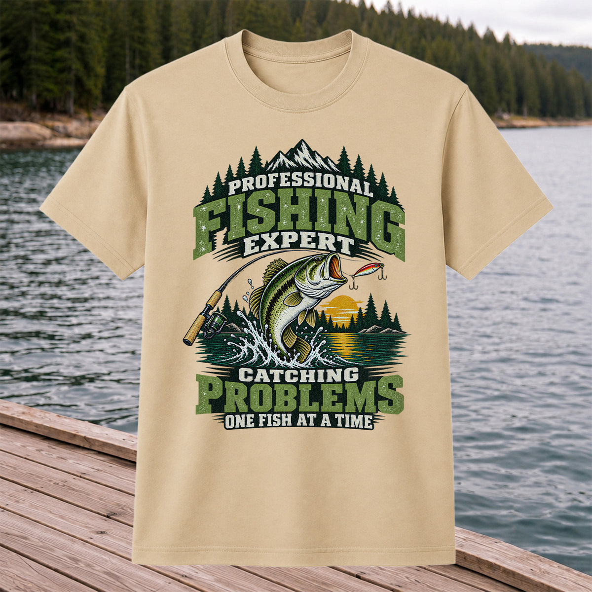 Professional Fishing Expert Catching Problems One Fish at a Time Bass T-Shirt