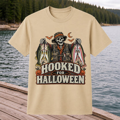 Hooked for Halloween Skeleton Angler with Bass and Trout Fishing T-Shirt