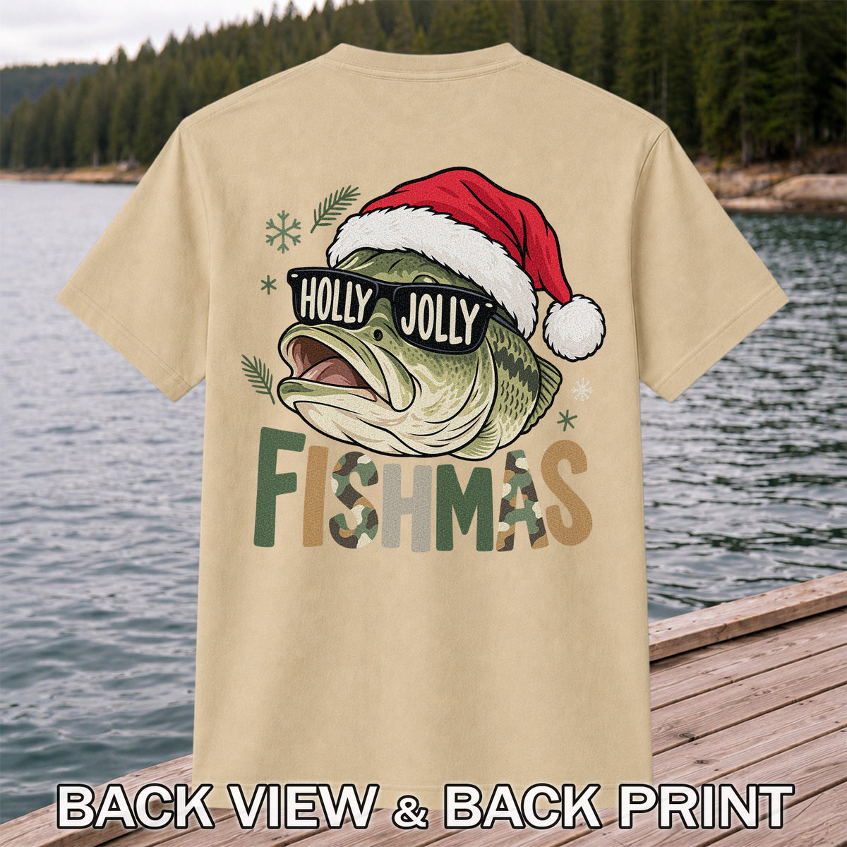 Bass Wearing Santa Hat and Holiday Glasses Fishing Graphic T-Shirt | Back Print