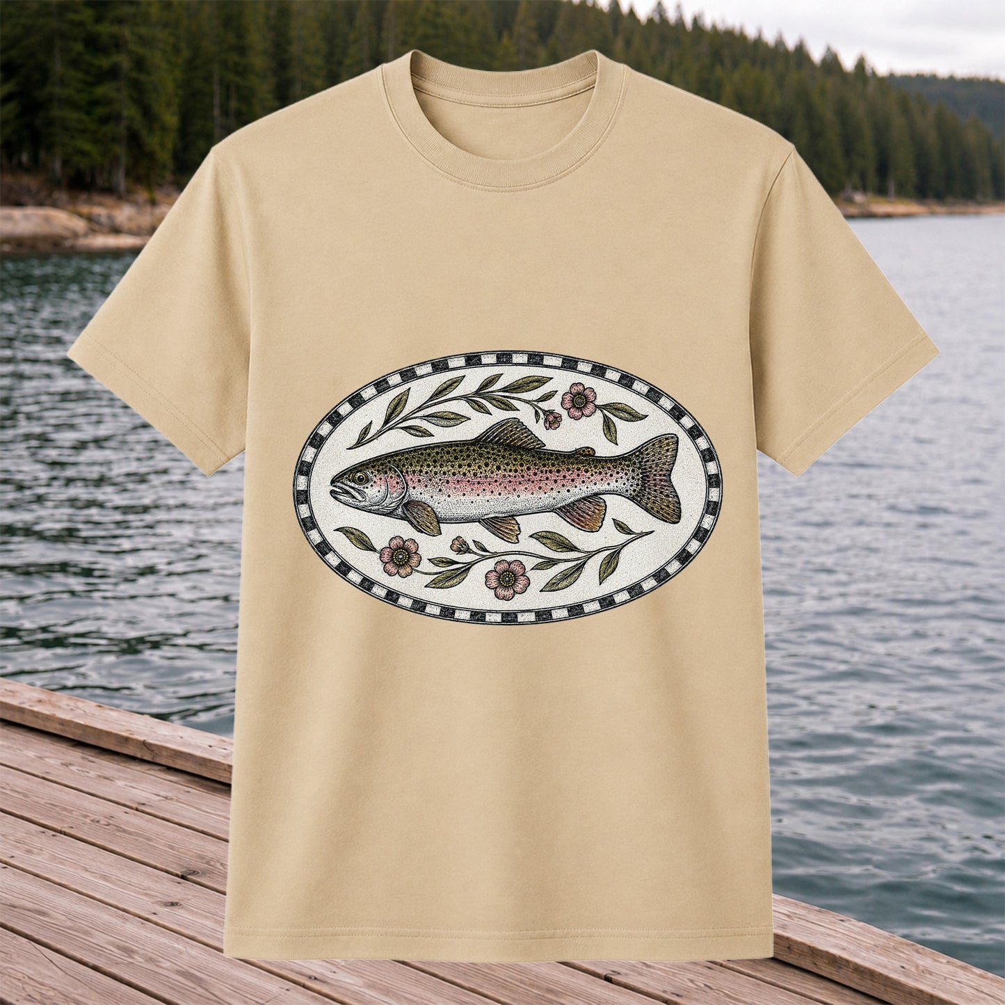 Vintage Floral Rainbow Trout Fishing Graphic T-Shirt