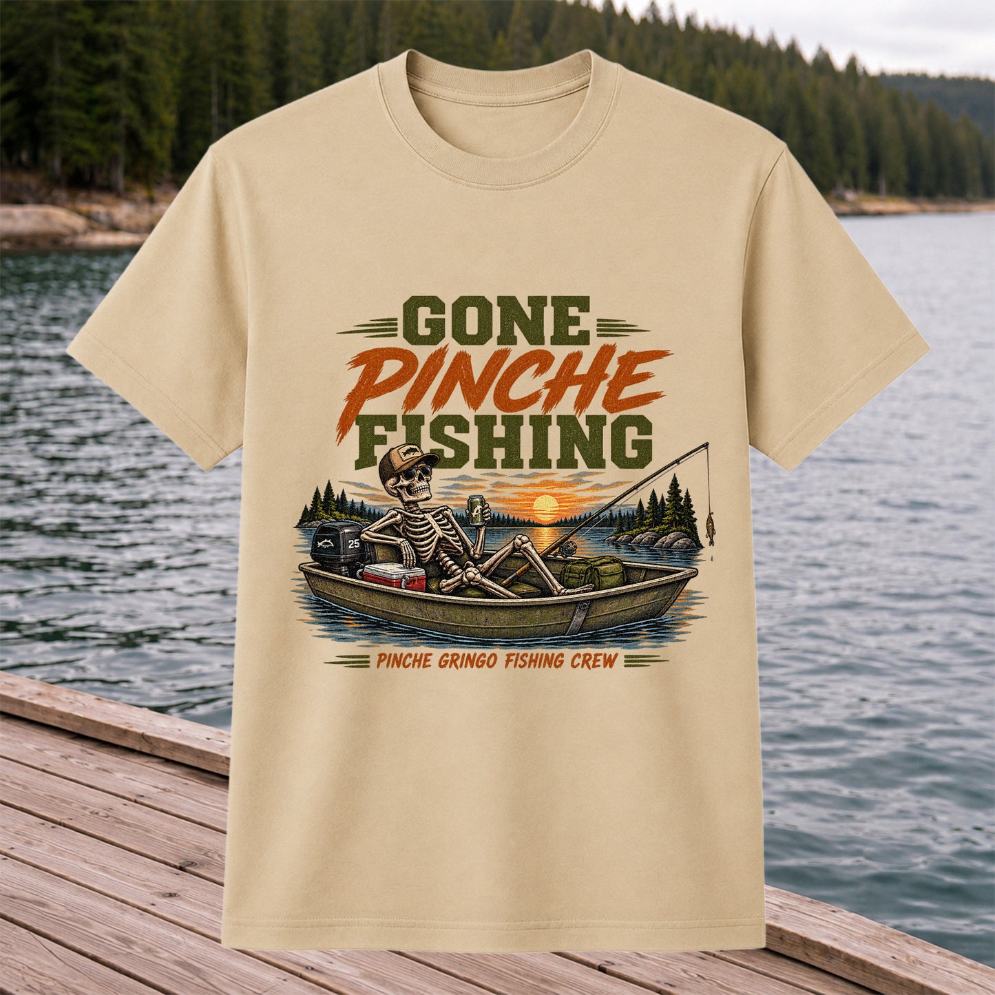 Gone Pinche Fishing Crew Skeleton in a Fishing Boat Graphic T-Shirt