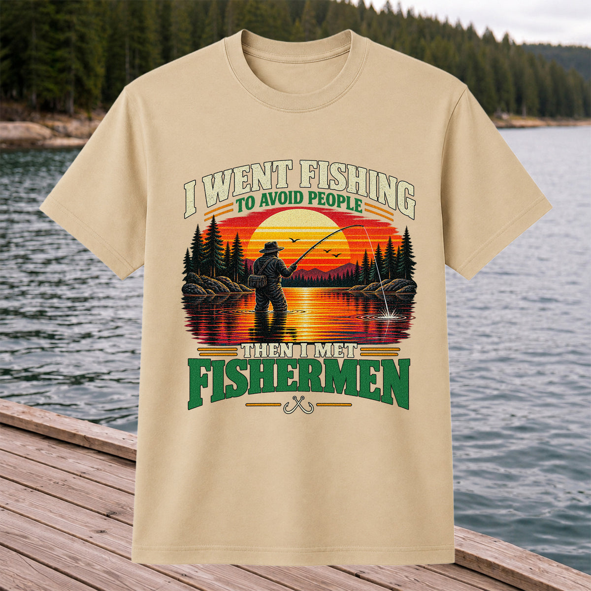 Sunset Fisherman Fishing Humor Graphic T-Shirt