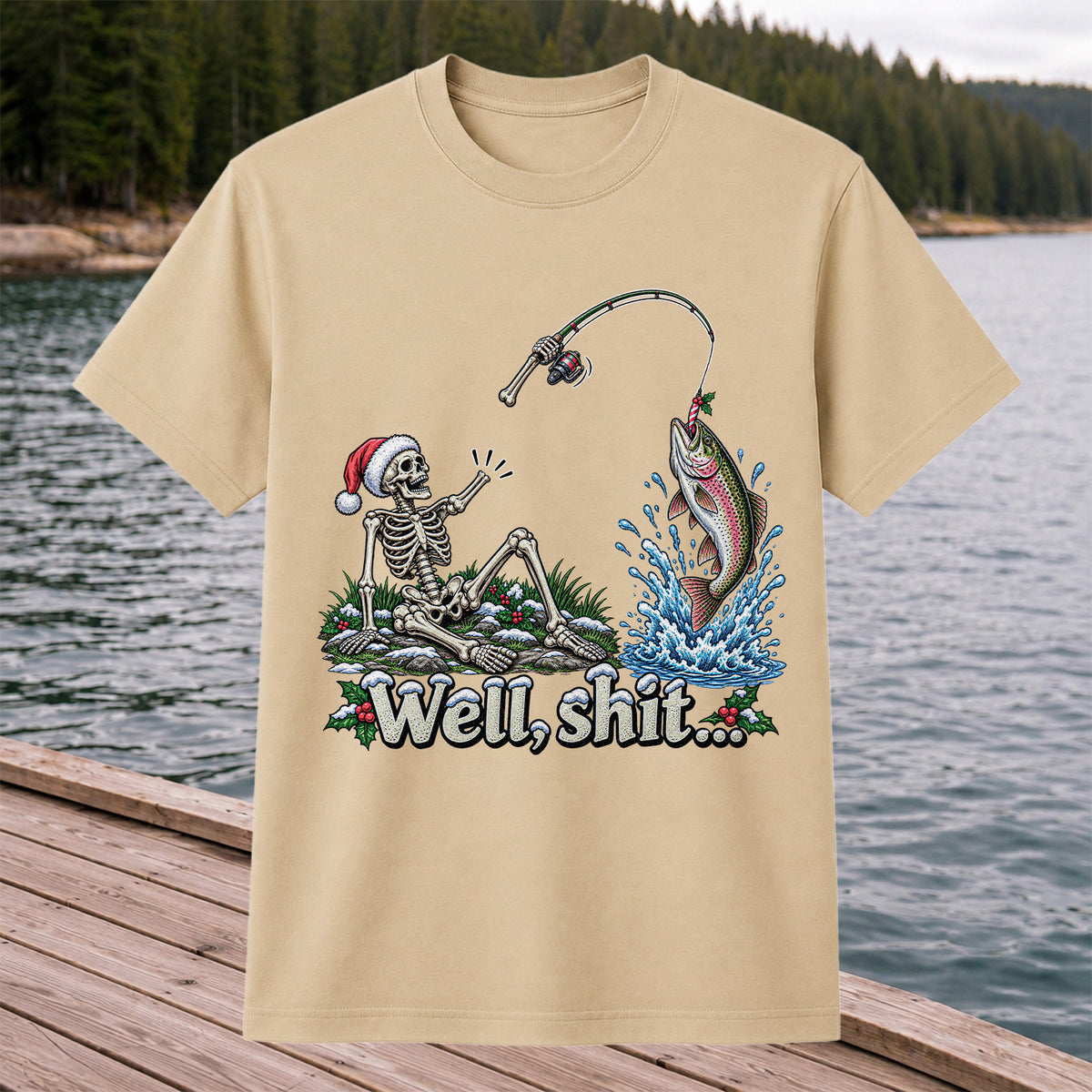 Well, Shit... Skeleton and Leaping Rainbow Trout Christmas Fishing T-Shirt