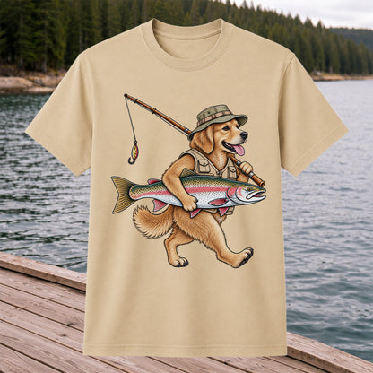 Golden Retriever Holding Rainbow Trout Fishing Graphic T-Shirt