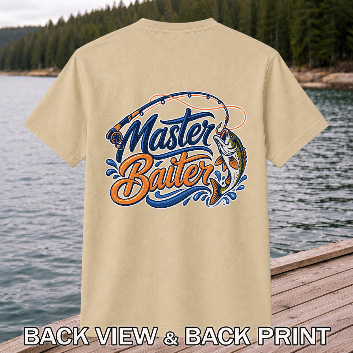 Master Baiter Funny Fishing Rod and Jumping Fish T-Shirt | Back Print