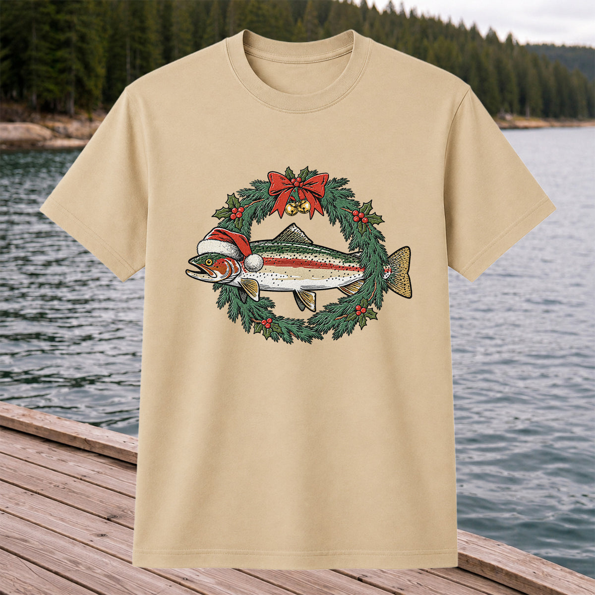 Christmas Trout Wreath Fishing Graphic T-Shirt