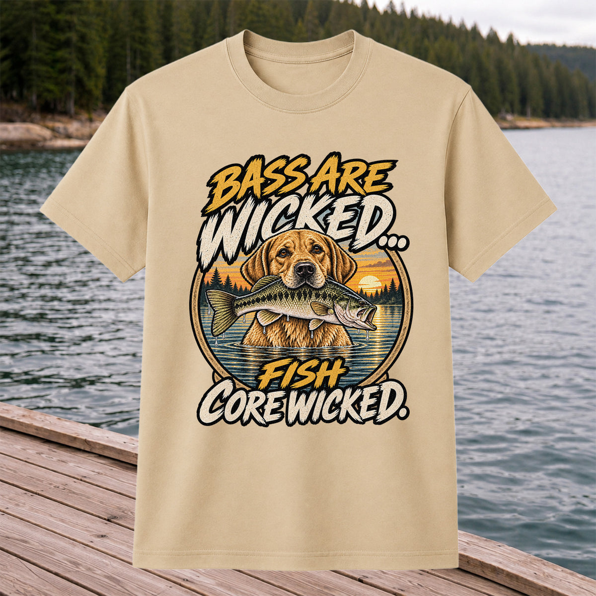 Bass Are Wicked Fish Core Wicked Dog Holding Bass Fishing T-Shirt